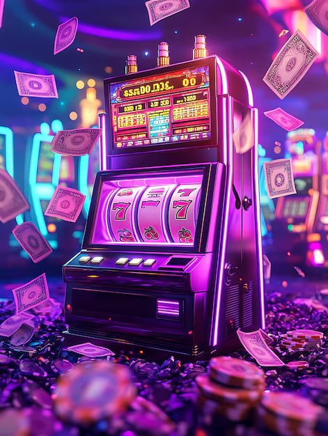 bd22 slots interface with neon cards and purple glow effects